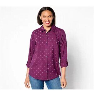 Joan Rivers Textured Clip Dot Boyfriend Shirt Sizes XL Merlot Roll Tab Sleeve